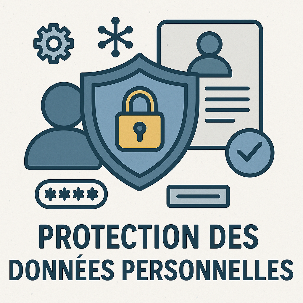 Illustration représentant la protection des données personnelles avec un cadenas, une fiche utilisateur et des icônes de sécurité