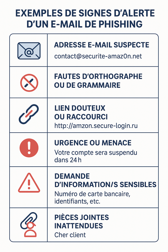 Liste des signes courants d'un e-mail de phishing adresse suspecte, fautes, lien douteux, urgence, demande d'informations sensibles, pièces jointes inattendues