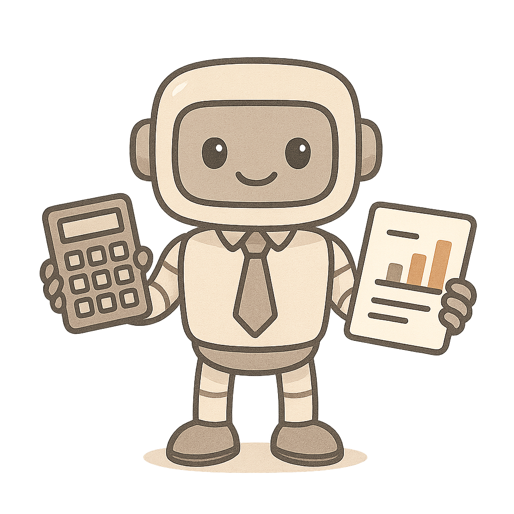 Illustration d’un robot en cravate tenant une calculatrice et un rapport financier avec des graphiques