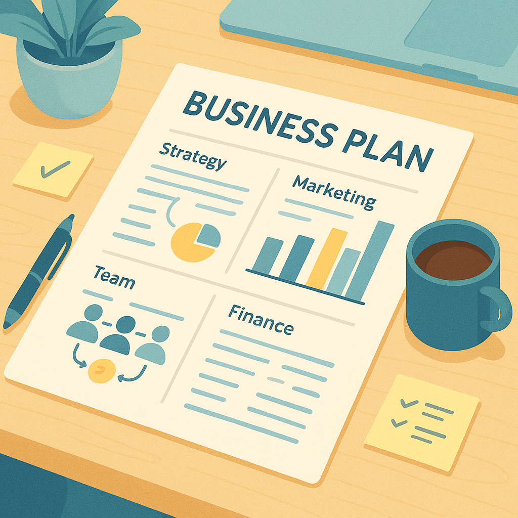 Feuille de business plan avec stratégie, marketing, finances et équipe sur un bureau de travail