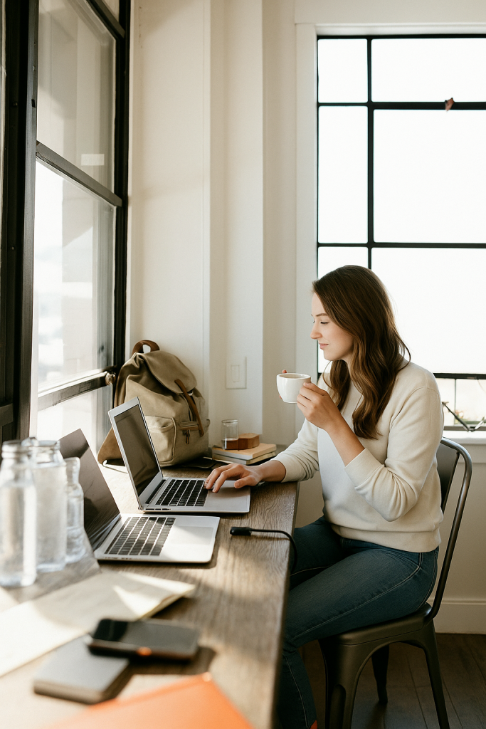 Femme travaillant sur son site web depuis un ordinateur portable, tout en buvant un café dans un espace lumineux