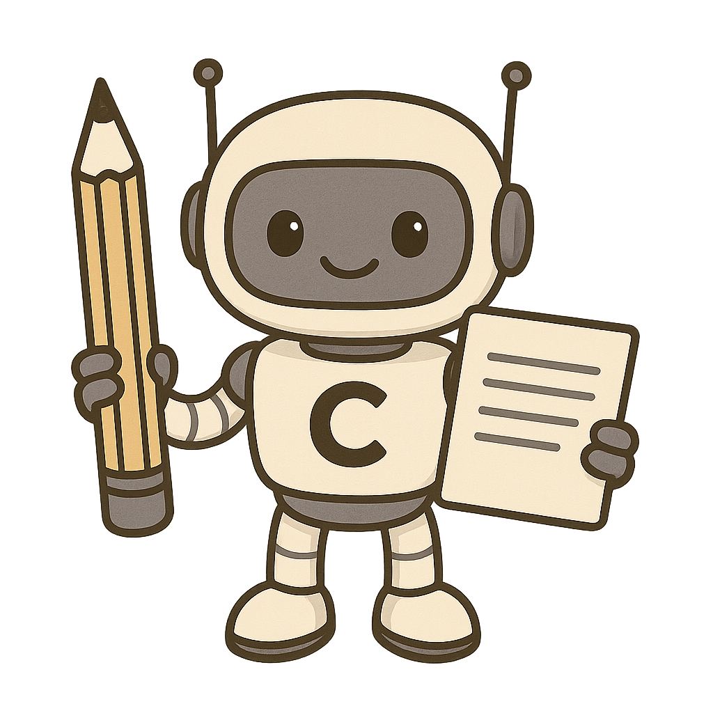 Illustration d’un robot souriant tenant un crayon et une feuille de papier, symbolisant l’assistant rédactionnel IA