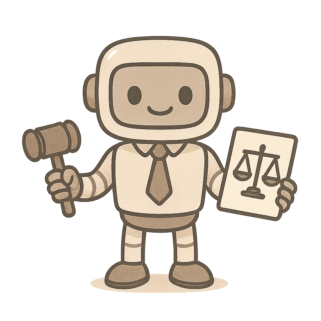 Illustration d’un robot en cravate tenant un maillet de juge et un document affichant une balance de la justice