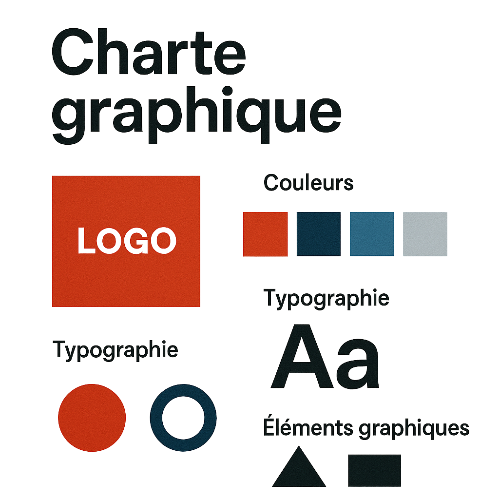 Exemple de charte graphique incluant logo, typographies, couleurs et éléments visuels