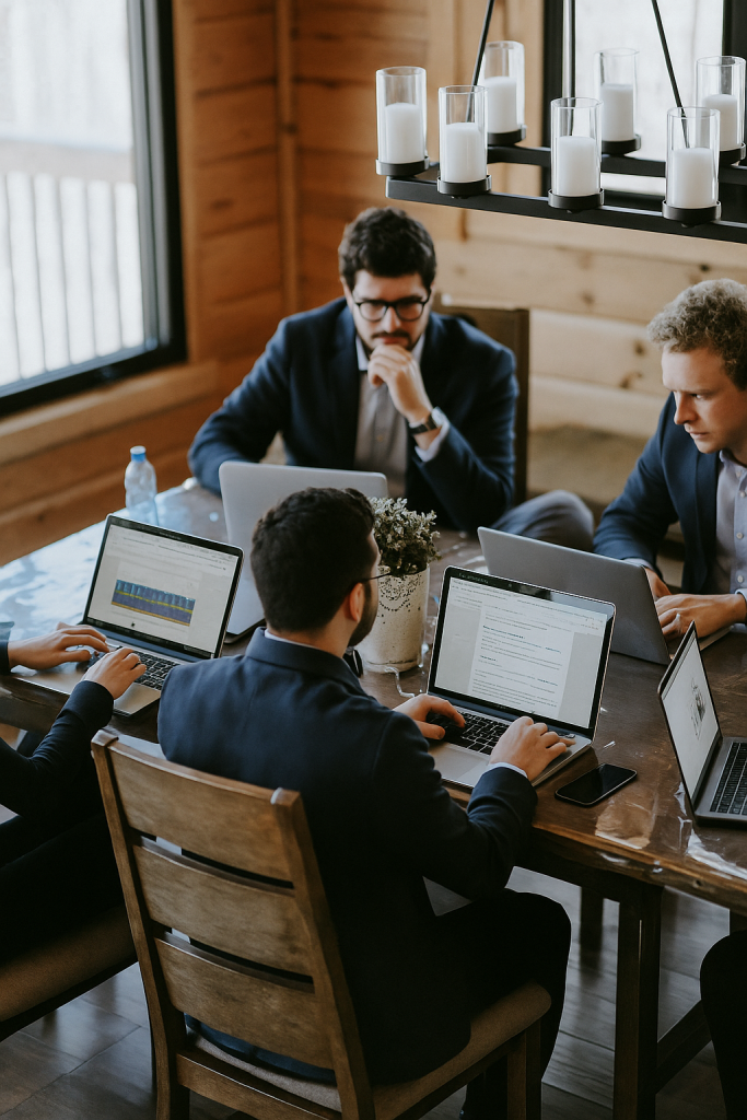 Groupe de professionnels en réunion autour de leurs ordinateurs portables pour concevoir un site web