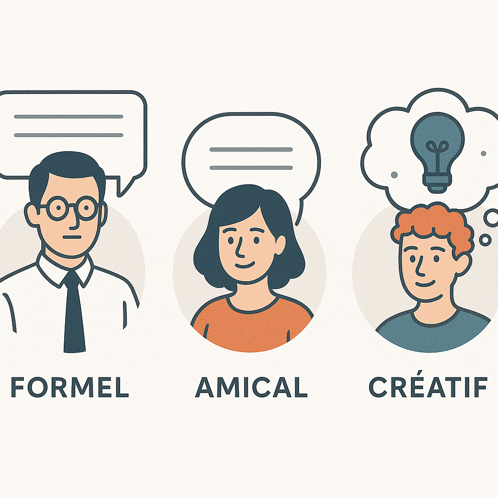 Illustration de trois styles de communication de marque : formel, amical et créatif