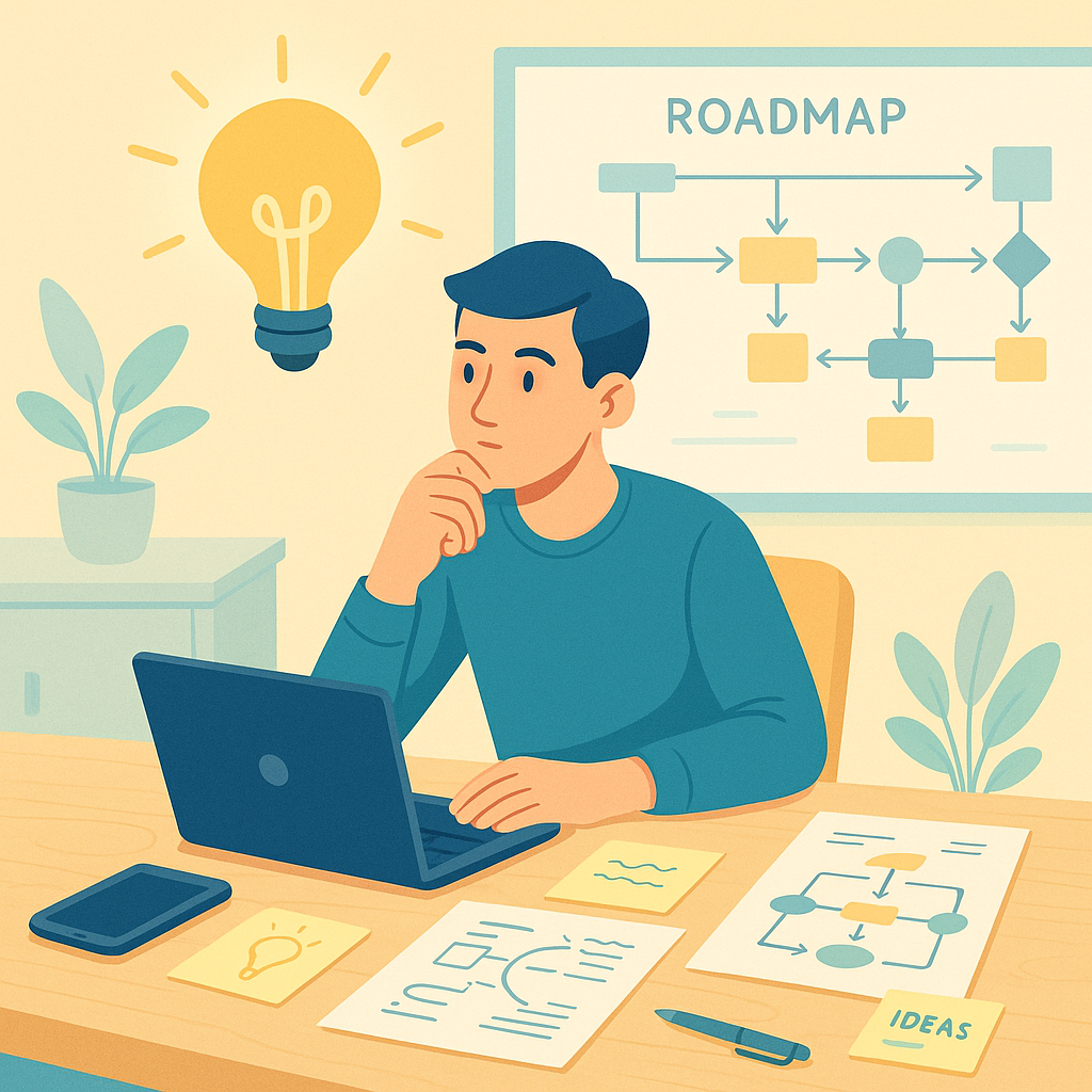 Illustration d’un entrepreneur réfléchissant devant un ordinateur avec une feuille de route pour lancer son entreprise