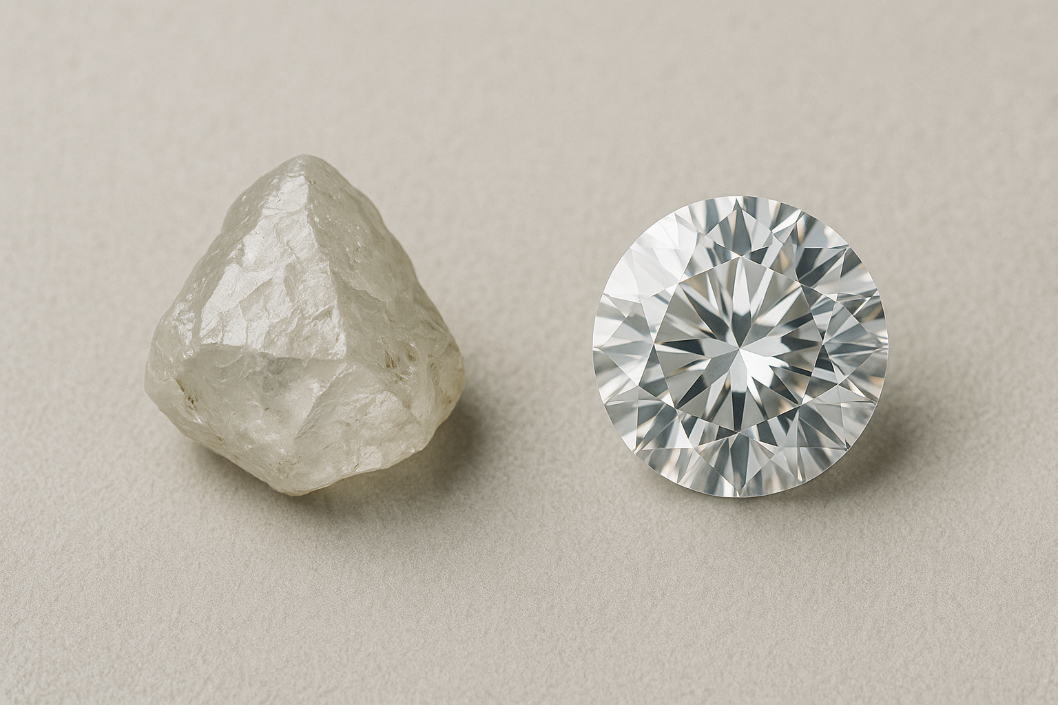 Comparaison entre un diamant brut et un diamant taillé, symbolisant le travail de raffinement de l’identité de marque
