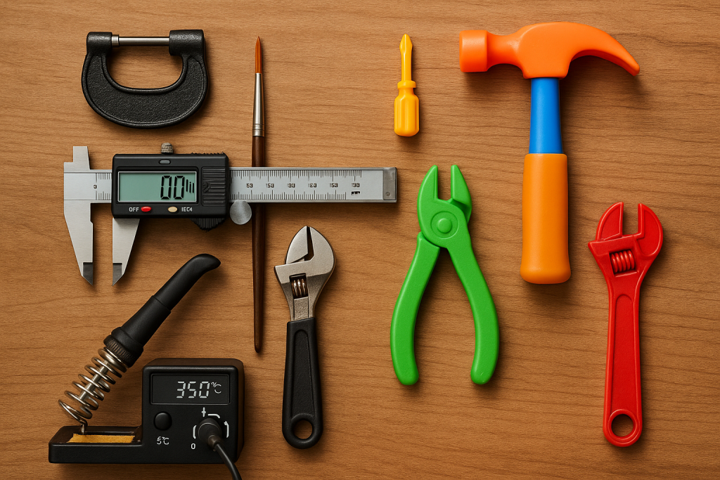 Outils professionnels et jouets alignés sur un établi, illustrant la différence entre compétence maîtrisée et usage amateur dans le contexte de l’intelligence artificielle.