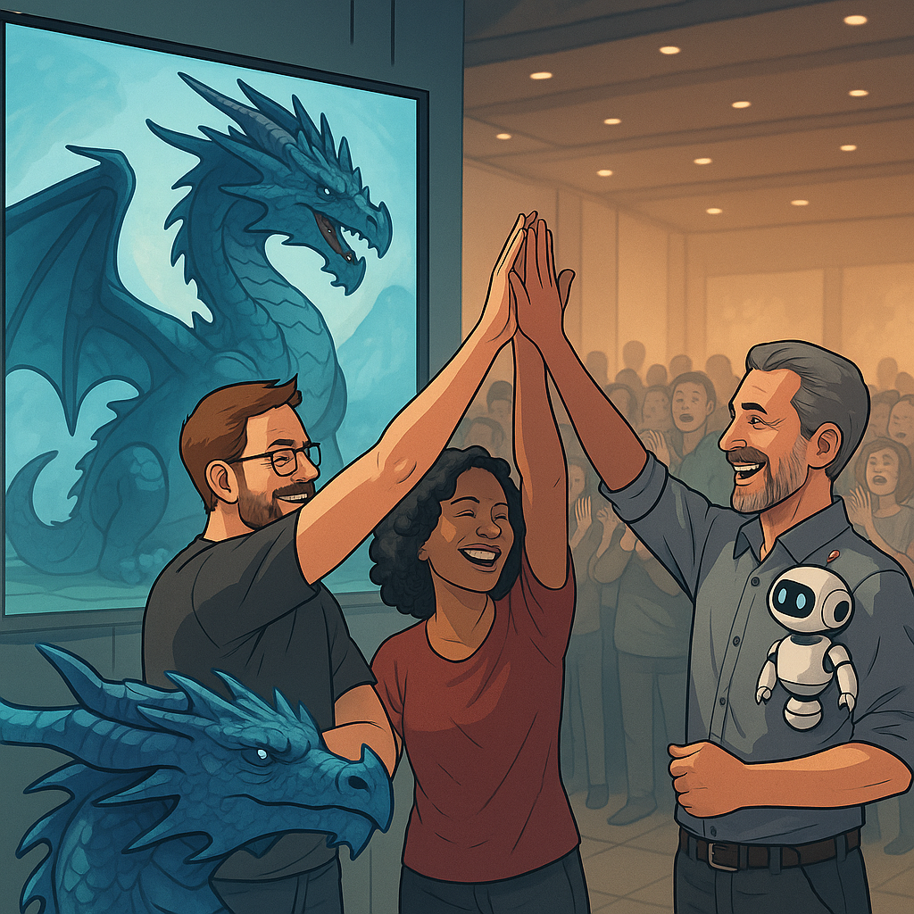 Trois professionnels se félicitent devant une sculpture de dragon créée avec l’aide de l’IA, tandis qu’une foule émerveillée observe en arrière-plan.