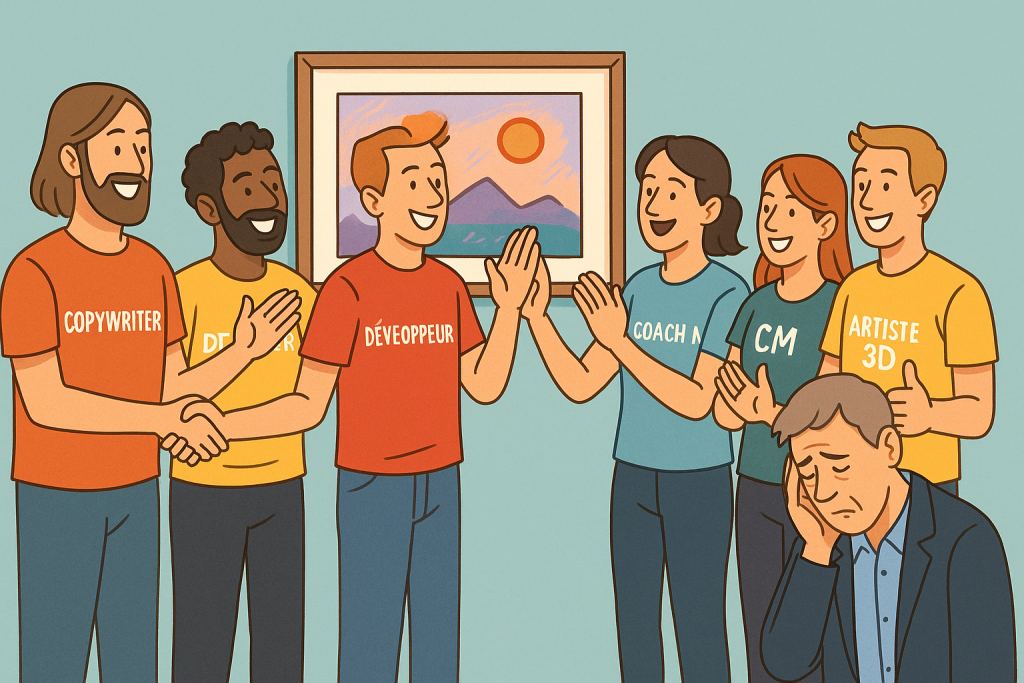 Groupe de professionnels en t-shirts avec leur rôle inscrit (Copywriter, Développeur, CM, etc.) applaudissant une œuvre banale, tandis qu’un expert en retrait les observe d’un air consterné.