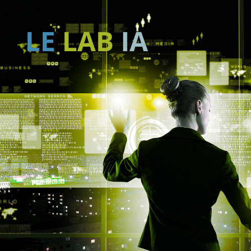 Visuel illustrant la Formation Lab-IA, représentant une professionnelle interagissant avec des interfaces d’intelligence artificielle et d’automatisation.